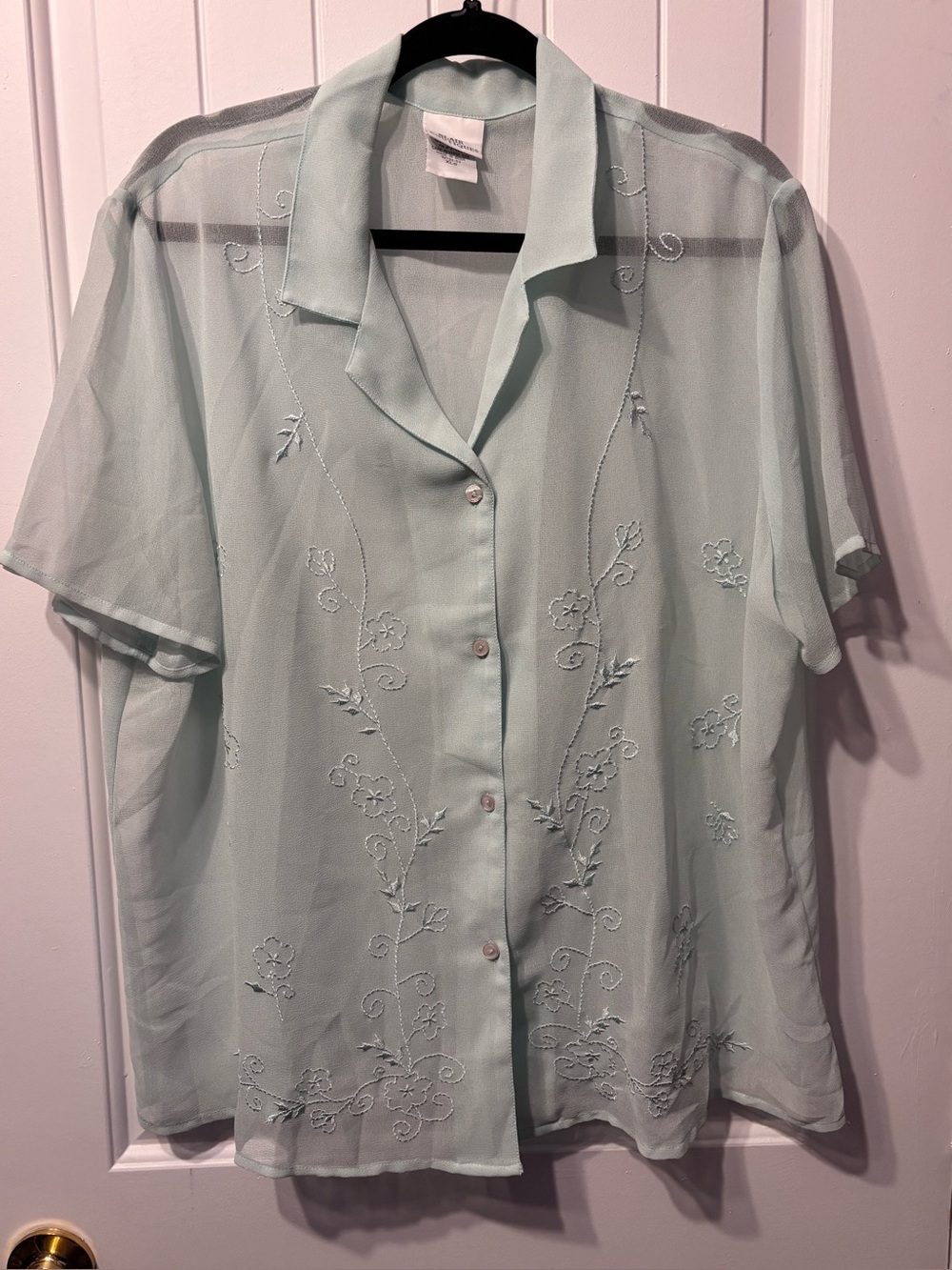 Blair Boutique Embroidered Mint Green Sheer Button-Up Blouse